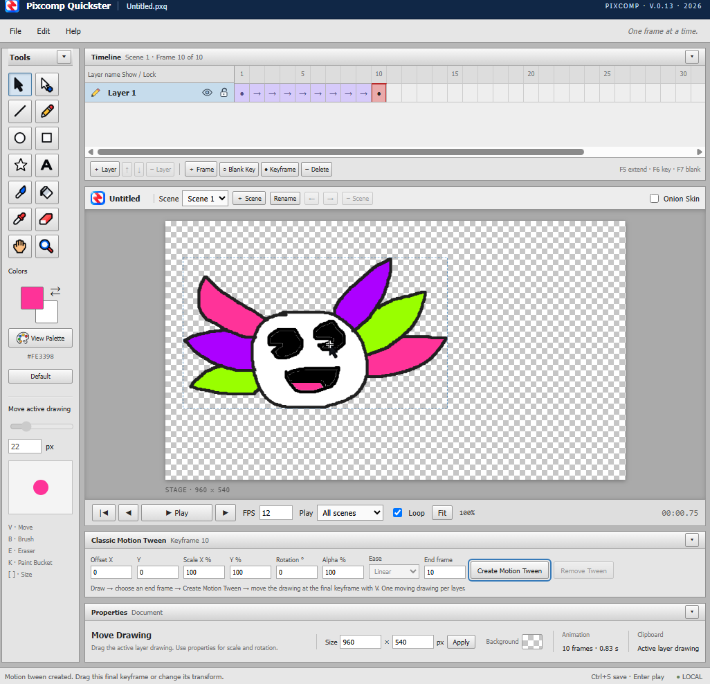 Editor de Quickster con una animación y su interpolación clásica de movimiento.