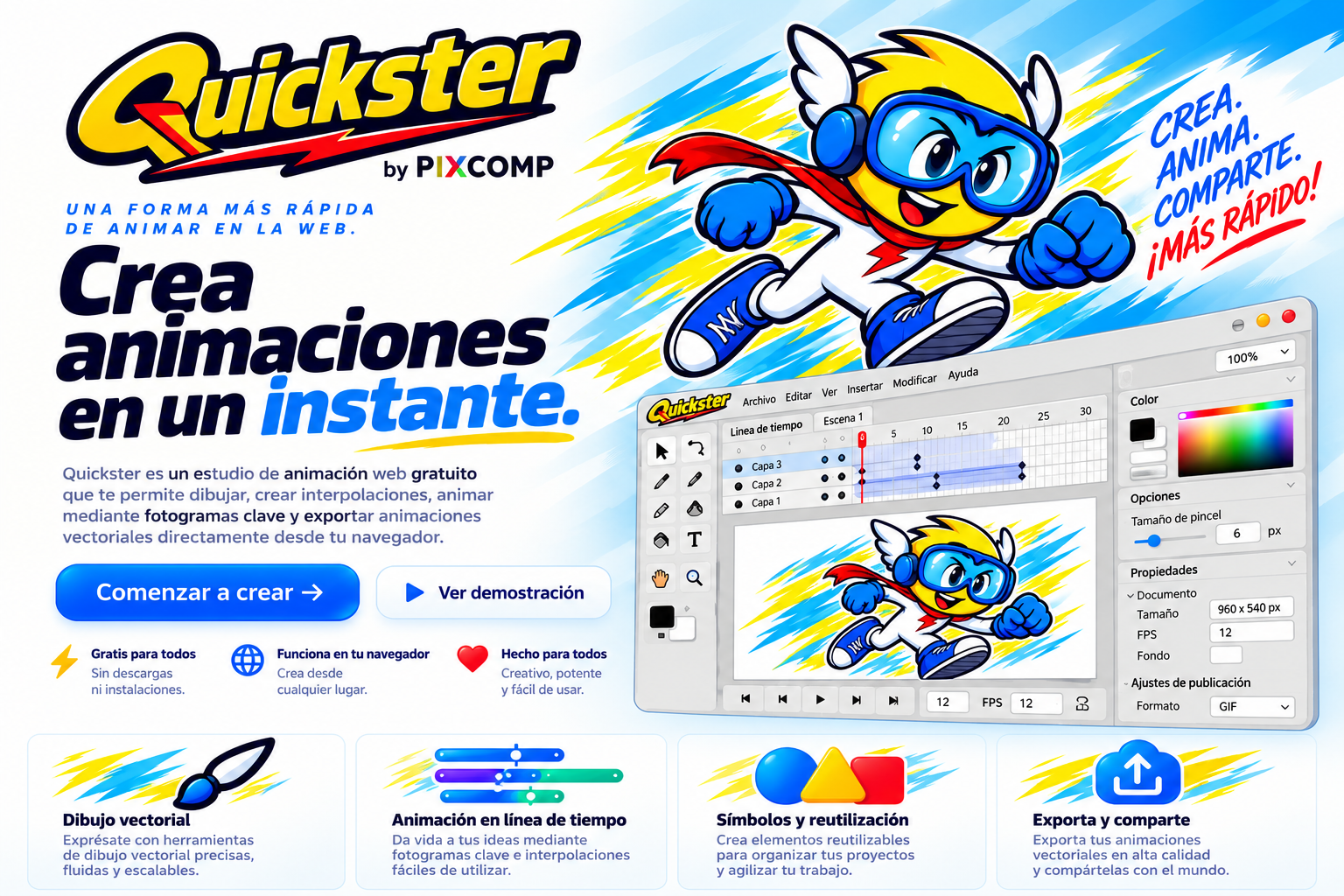 Arte promocional de Quickster: una propuesta para crear animaciones desde el navegador.