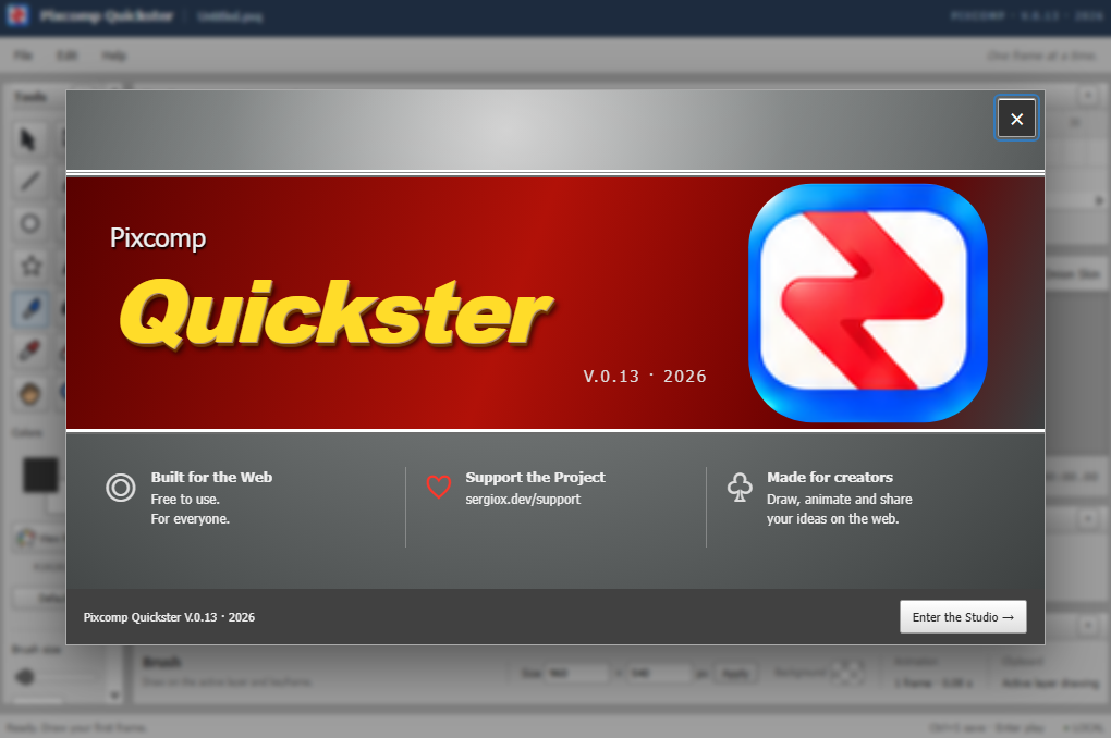 Pantalla de bienvenida de Quickster V.0.13, una de las primeras versiones públicas con la identidad actual.